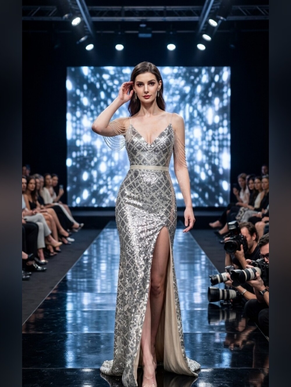 Silver Sequin Evening Gown with Illusion Sleeves